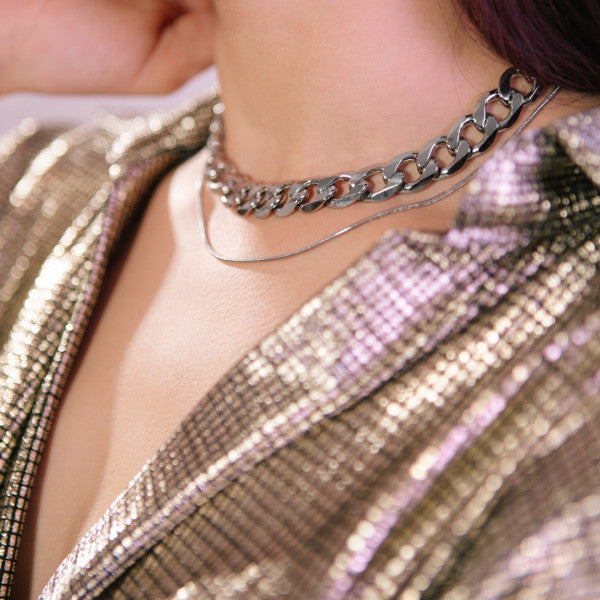 Collar Grueso Eslabones y Collar Fino Plateado