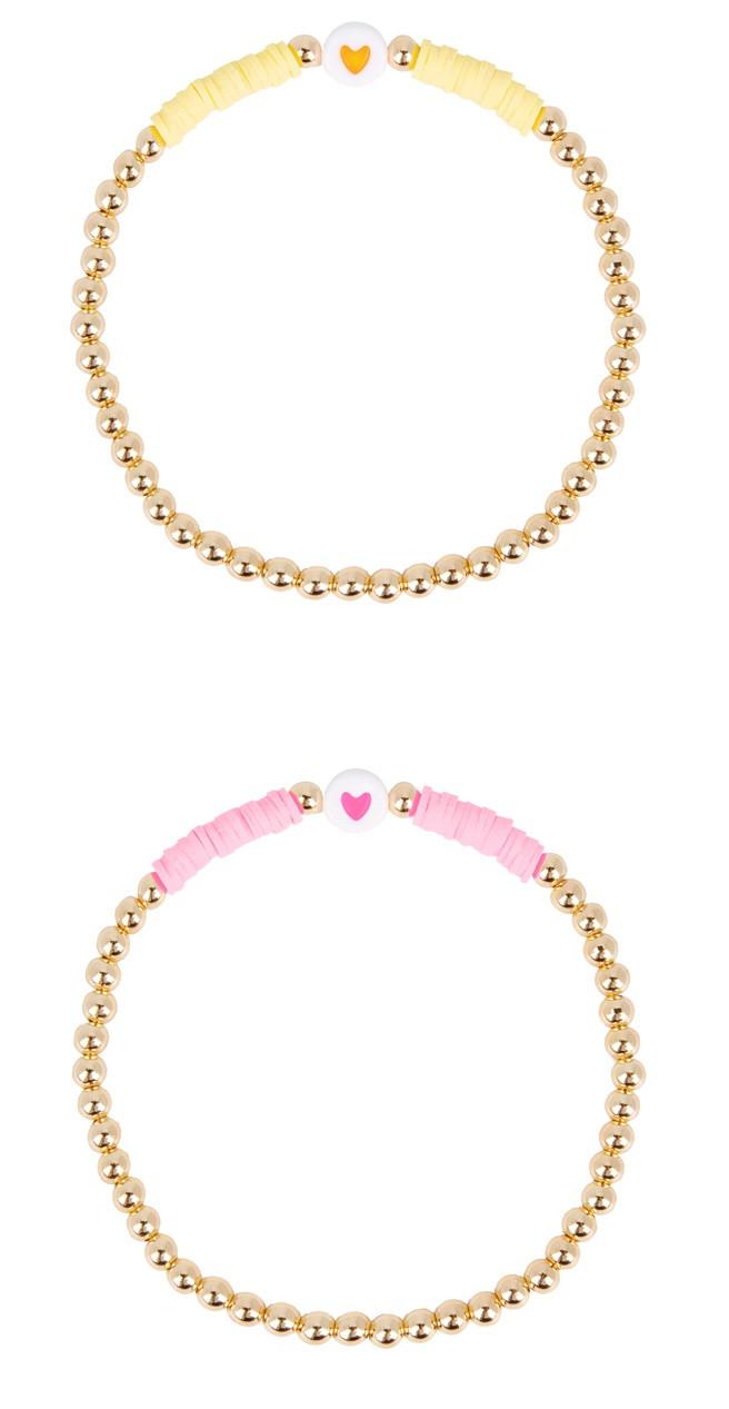 Set 2 Pulseras Bolitas Oro y Cuentas Corazón