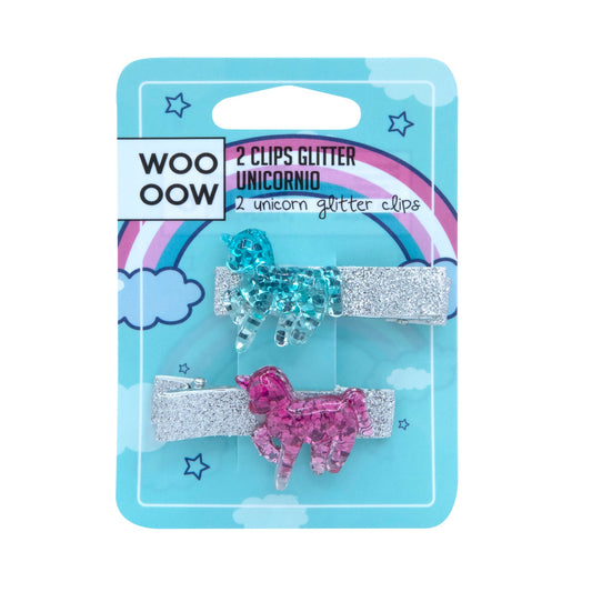 WOO OOW Set 2 clips Glitter Unicornio