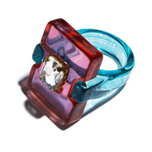 Anillo Cuadrado Transparente con Piedra Rosa