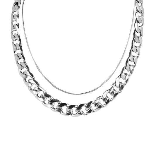 Collar Grueso Eslabones y Collar Fino Plateado
