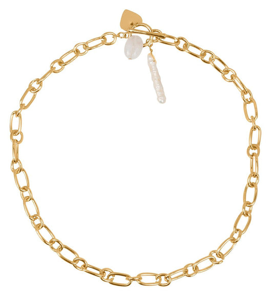 Collar Eslabones con Perla y Corazón